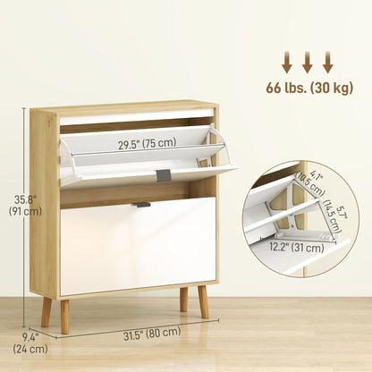 Narrow Shoe Cabinet, High Gloss Shoe Storage Cabinet with 2 Flip Drawers and Adjustable Shelves, Holds 16 Pairs, White