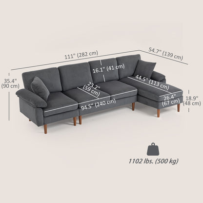 L-Shape Sofa, Modern Sectional Couch with Changeable Chaise Lounge, Pillows and Wooden Legs for Living Room, Dark Grey
