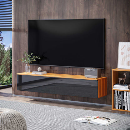 Wall Mounted TV Stand, Floating TV Cabinet with Storage, for TVs up to 70", High Gloss Effect, Brown and Black