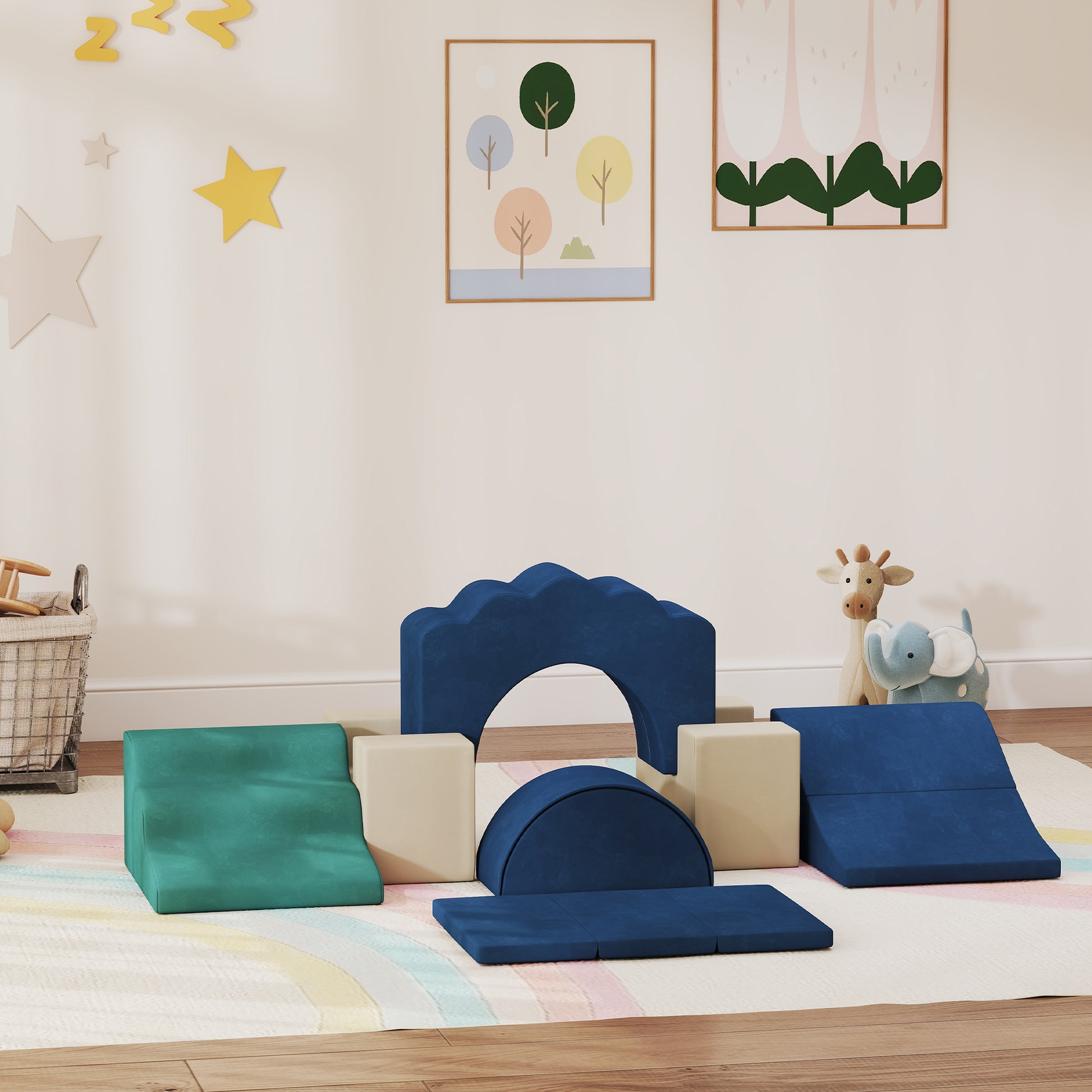 Qaba 7-Piece Baby Soft Play Set, Indoor Soft Play Gym Activity Play Set for Crawling, Sliding and Playing, Navy Blue