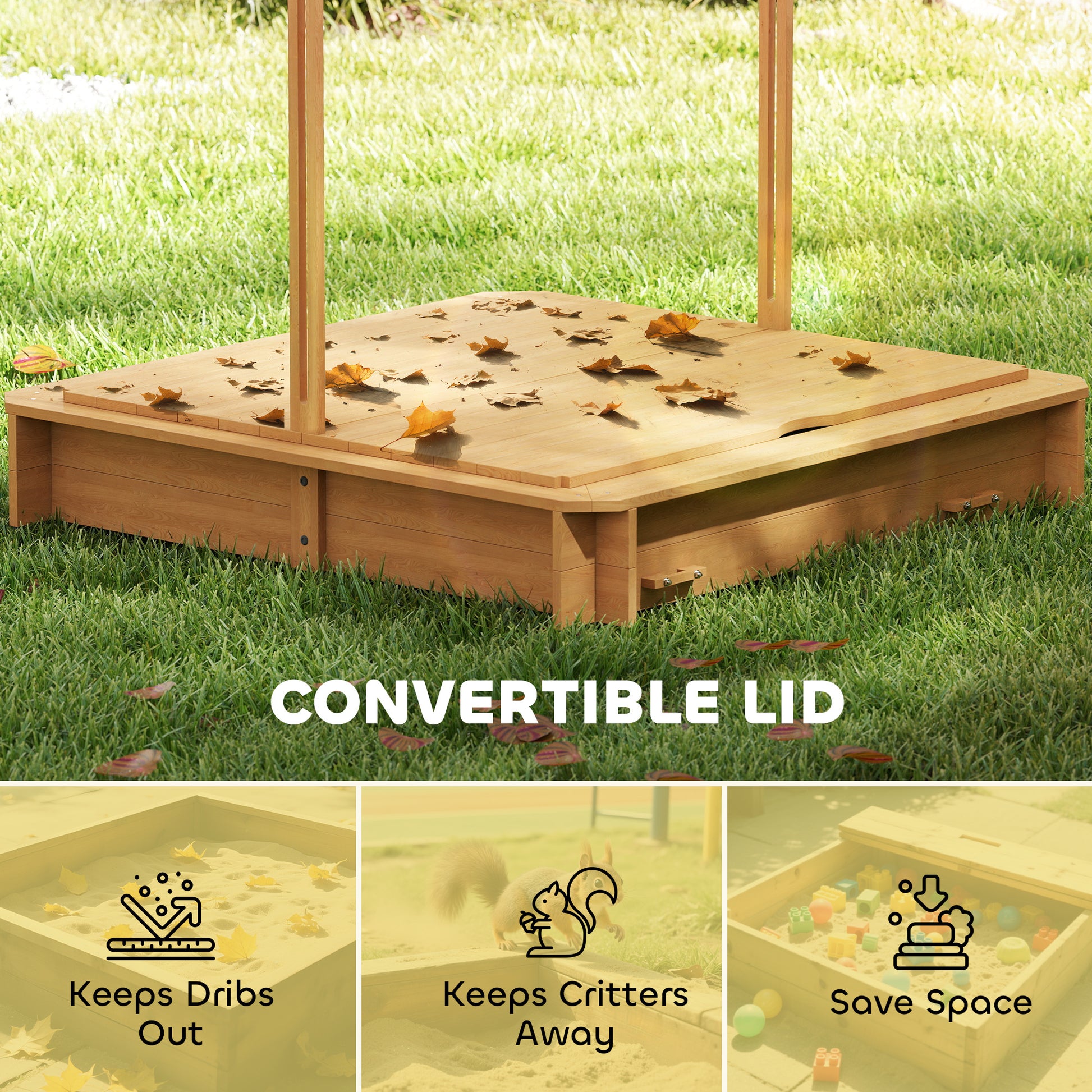 Wooden Kids Sandbox with Cover, Sand Play Station with Foldable Bench Seats and Adjustable Canopy, Light Brown