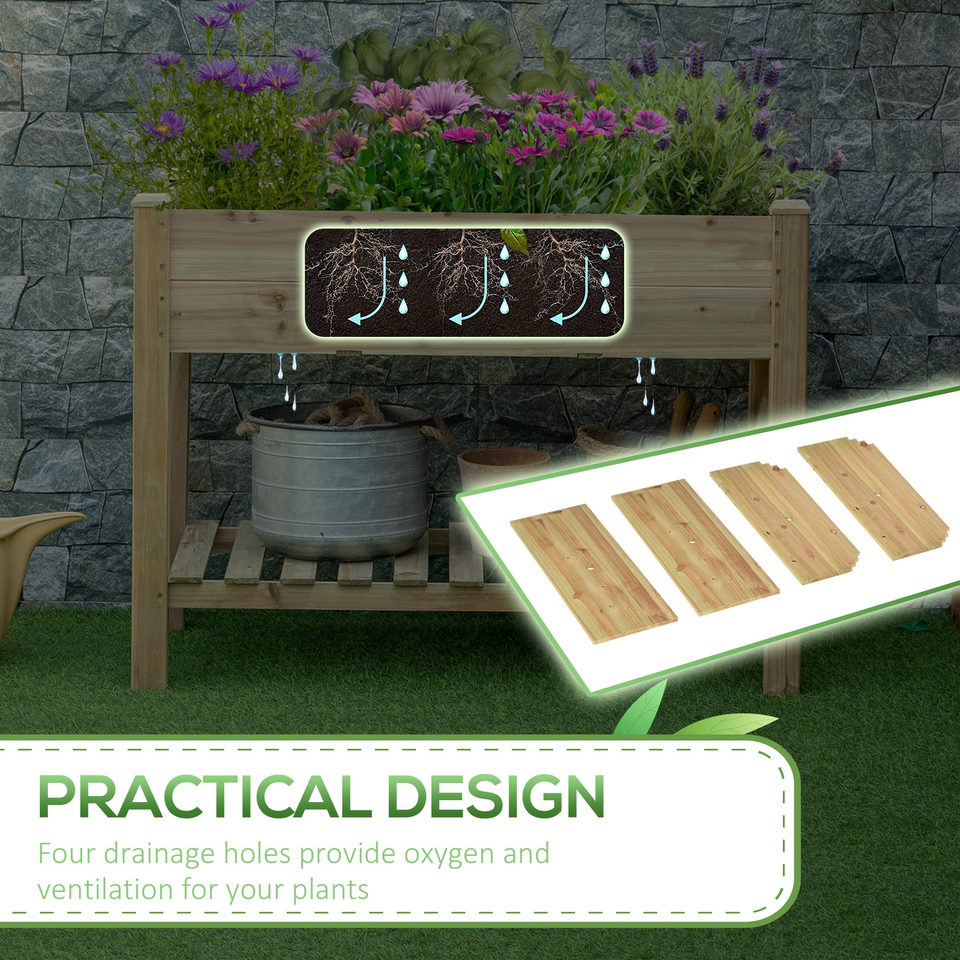 45" x 22" x 33" Raised Garden Bed with Legs and Storage Shelf, Wooden Elevated Planter Box with Drainage Holes for Backy