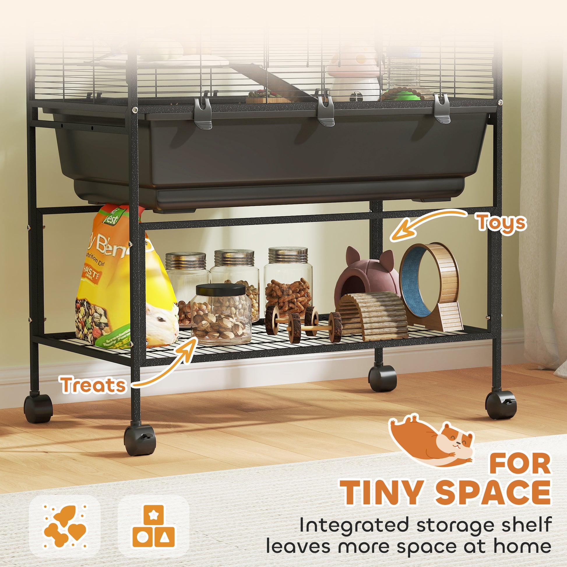 3 Tier Rolling Hamster Cage with 7" Deep Tray, Storage Shelf, Big Exercise Wheel, Tube System, for Syrian, Gerbil, Rat
