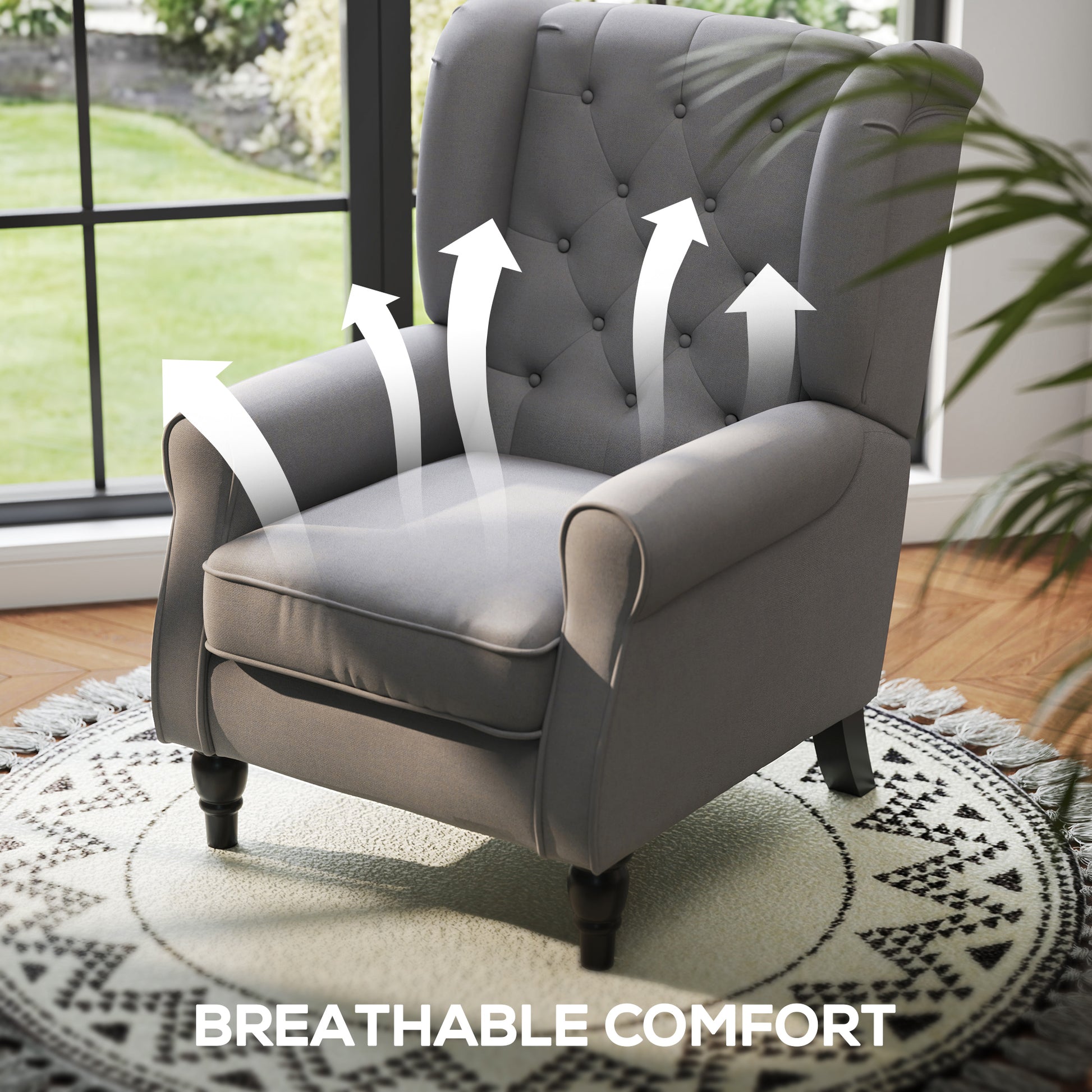 Fabric Accent Chair, Button Tufted Armchair, Armchair with Wood Legs, Thick Padding for Bedroom, Charcoal Grey