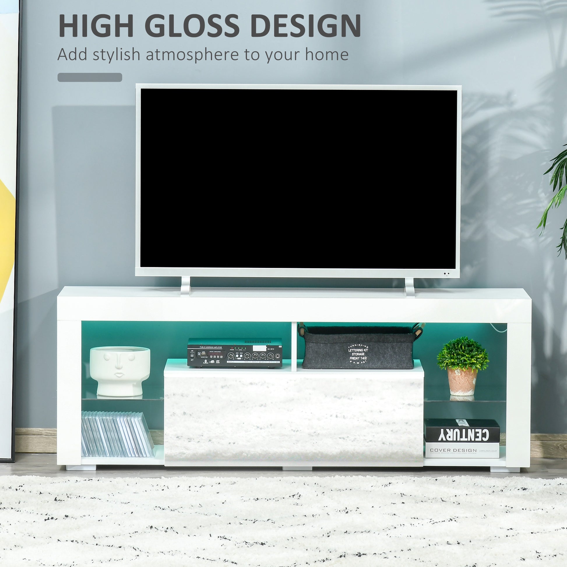 TV Stand for 55-Inch TVs, High Gloss TV Bench with LED Lights, Remote Control, Storage Drawer and Shelves, Entertainment