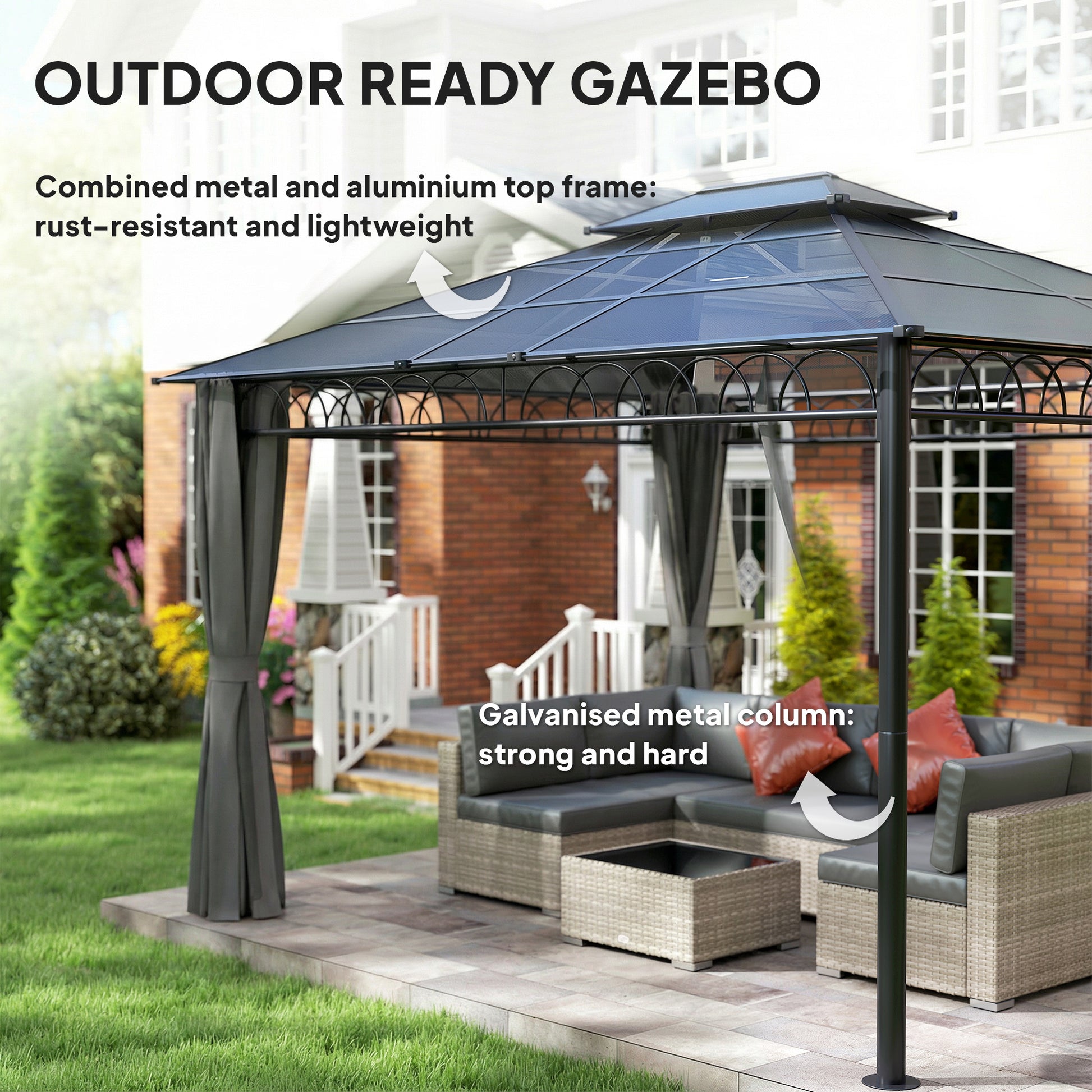 10' x 12' Outdoor Gazebo Canopy, Double Roof Hardtop Gazebo with Polycarbonate Roof, Steel Frame, Nettings and Curtains