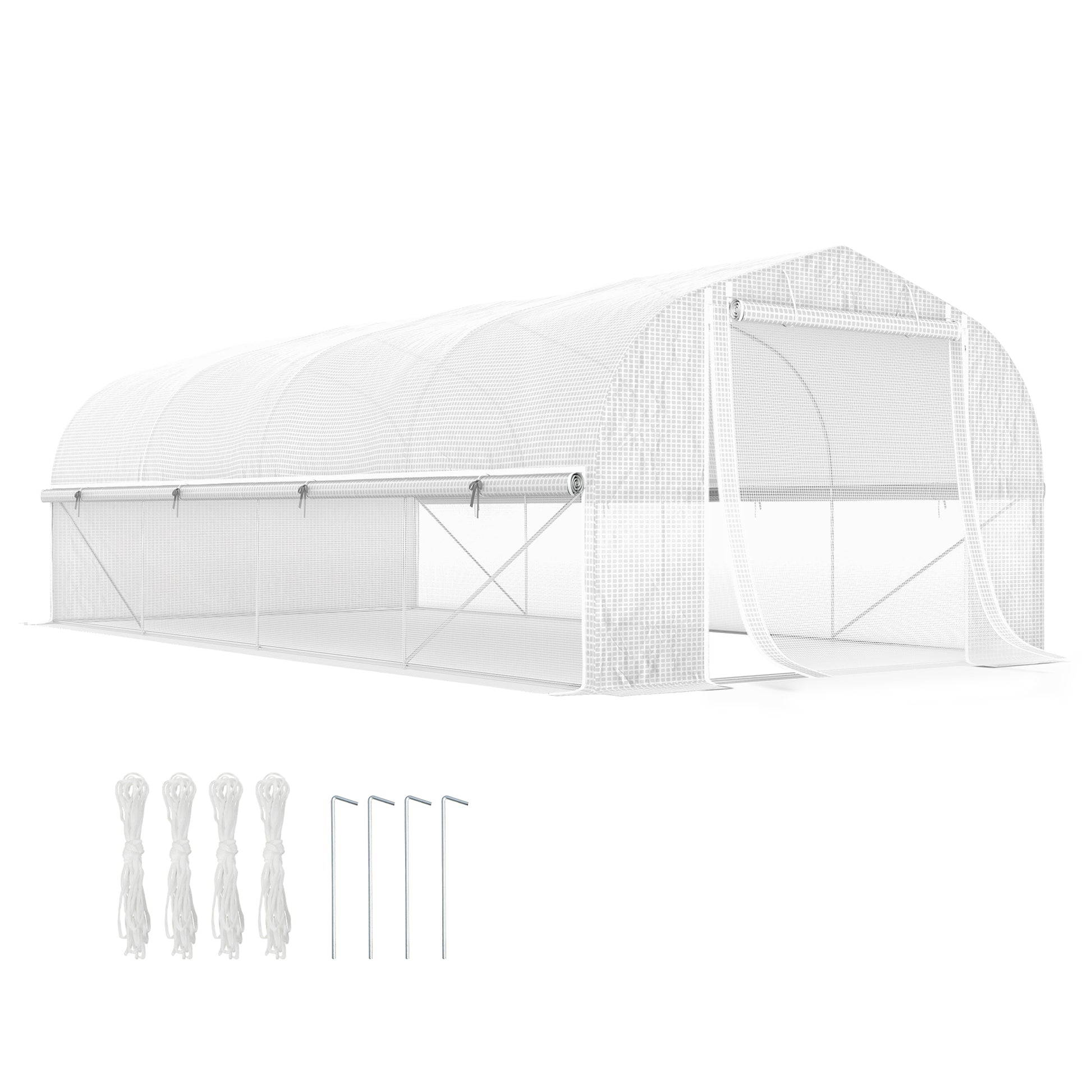 19.5' x 10' x 6.6' Tunnel Greenhouse Outdoor Green House with Roll-up Mesh Sidewalls, Mesh Door, Galvanized Steel, Wind 
