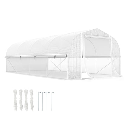 19.5' x 10' x 6.6' Tunnel Greenhouse Outdoor Green House with Roll-up Mesh Sidewalls, Mesh Door, Galvanized Steel, Wind 