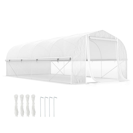 19.5' x 10' x 6.6' Tunnel Greenhouse Outdoor Green House with Roll-up Mesh Sidewalls, Mesh Door, Galvanized Steel, Wind 