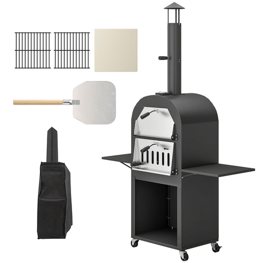 Outdoor Wood Fired Pizza Oven with Side Shelves and Open Cabinet, Pizza Maker on Wheels with Thermometer, Stone, Peel