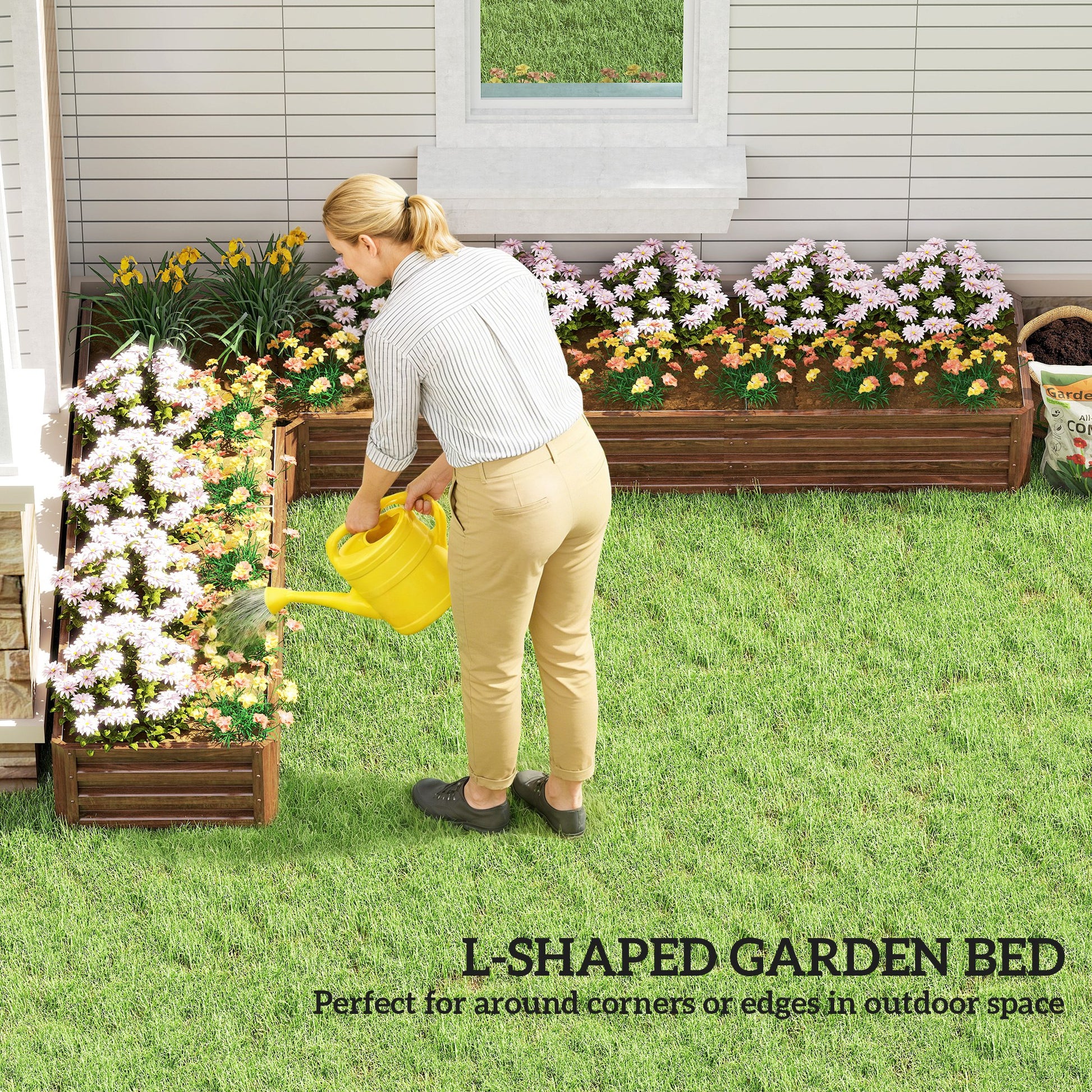 L-Shaped Raised Garden Bed, 82" x 109" x 12" Galvanized Steel Planter Box with Multi-reinforced Rods for Vegetables, Flo