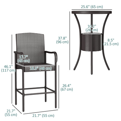 3 Pieces Patio Bar Set, Rattan Bistro Table and Chairs, Outdoor Conversation Furniture Set with Ice Bucket, Dark Brown