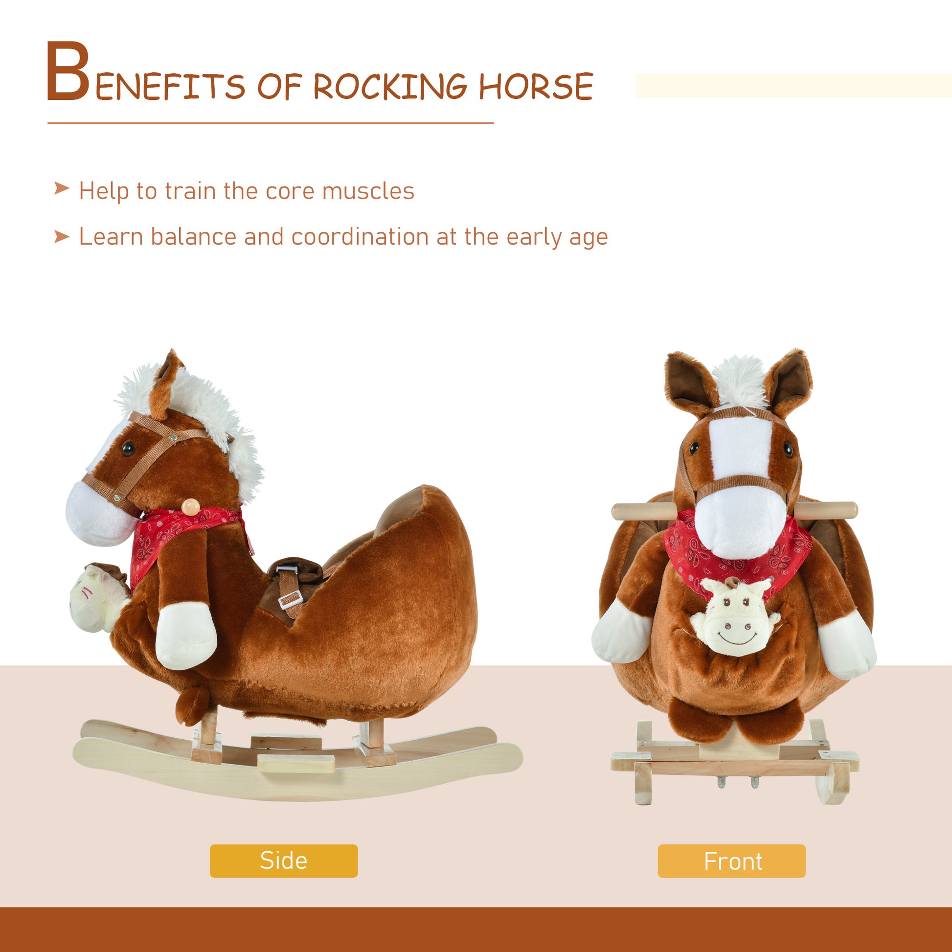 Qaba Baby Rocking Horse, Plush Animal Rocker for Toddlers Aged 18-36 Months, Stuffed Ride Toy with Hand Puppet, Sounds, 