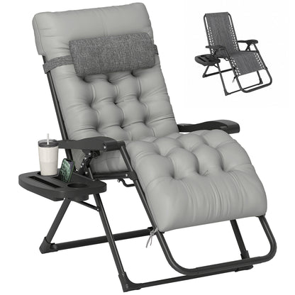Padded Folding Recliner Chair, Patio Lounger with Cupholder, Adjustable Backrest, Removable Cushion, Grey