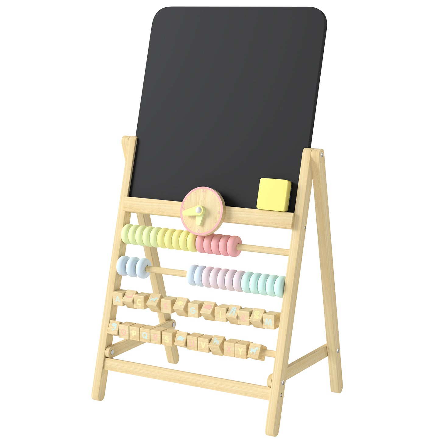Qaba Wooden Kids Art Easel with Double-Sided Chalkboard, Clock, Abacus, Blackboard Eraser for Painting, for Ages 2+, Nat