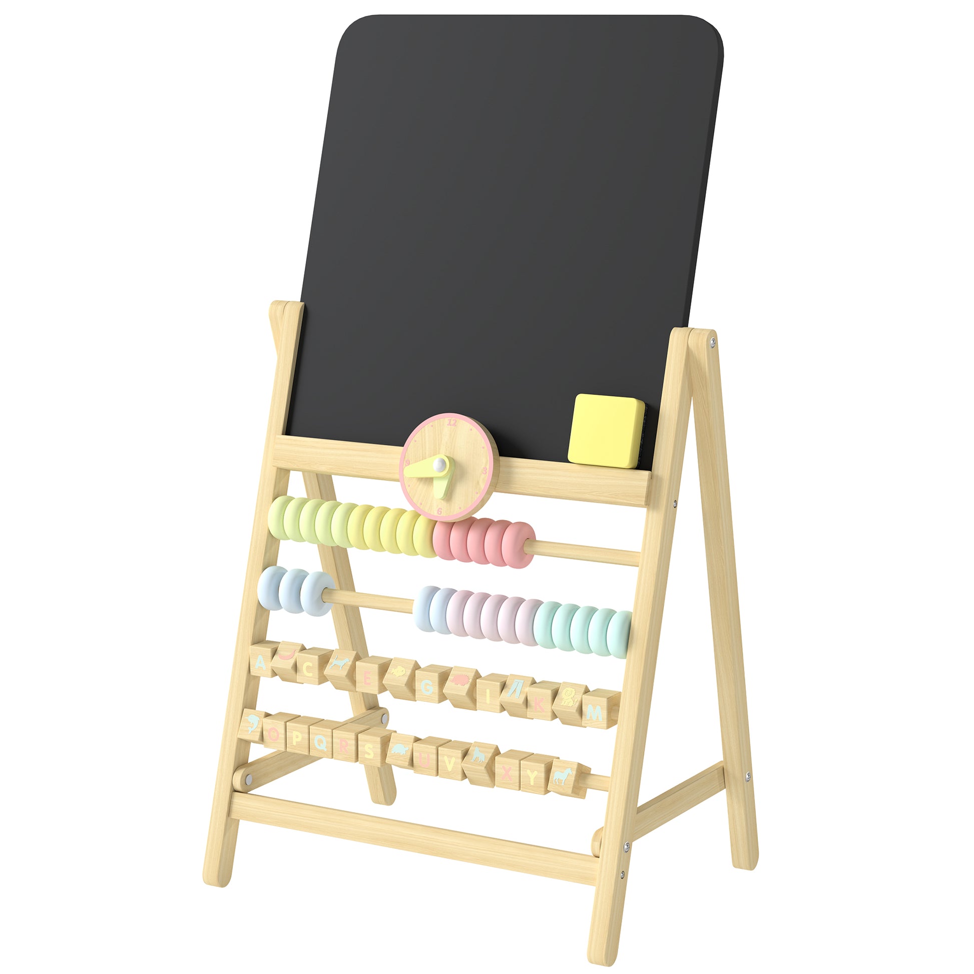 Qaba Wooden Kids Art Easel with Double-Sided Chalkboard, Clock, Abacus, Blackboard Eraser for Painting, for Ages 2+, Nat