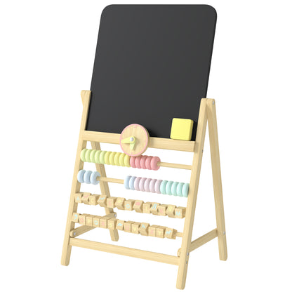 Qaba Wooden Kids Art Easel with Double-Sided Chalkboard, Clock, Abacus, Blackboard Eraser for Painting, for Ages 2+, Nat