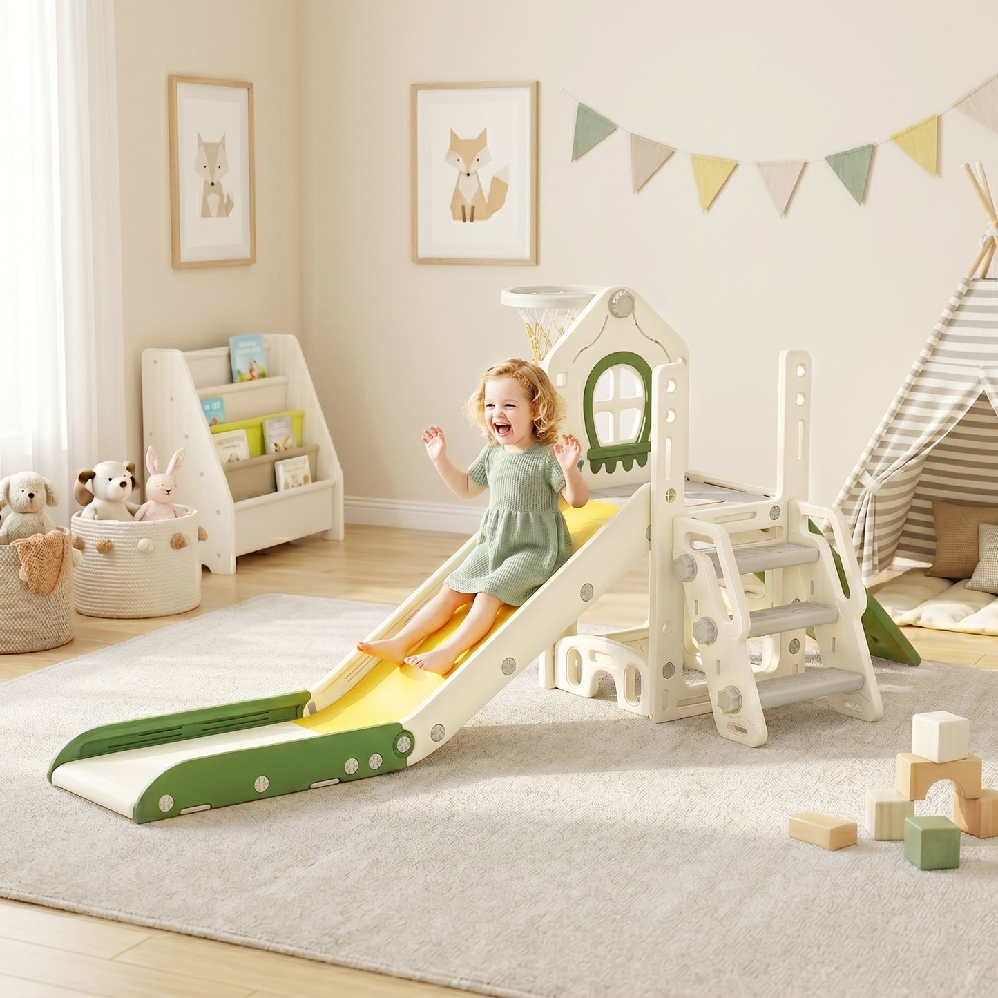 Qaba Foldable 5 in 1 Toddler Slide with Ladder, Climbing Wall, Basketball Hoop, Storage and Basketball for 1-3 Years, Cr