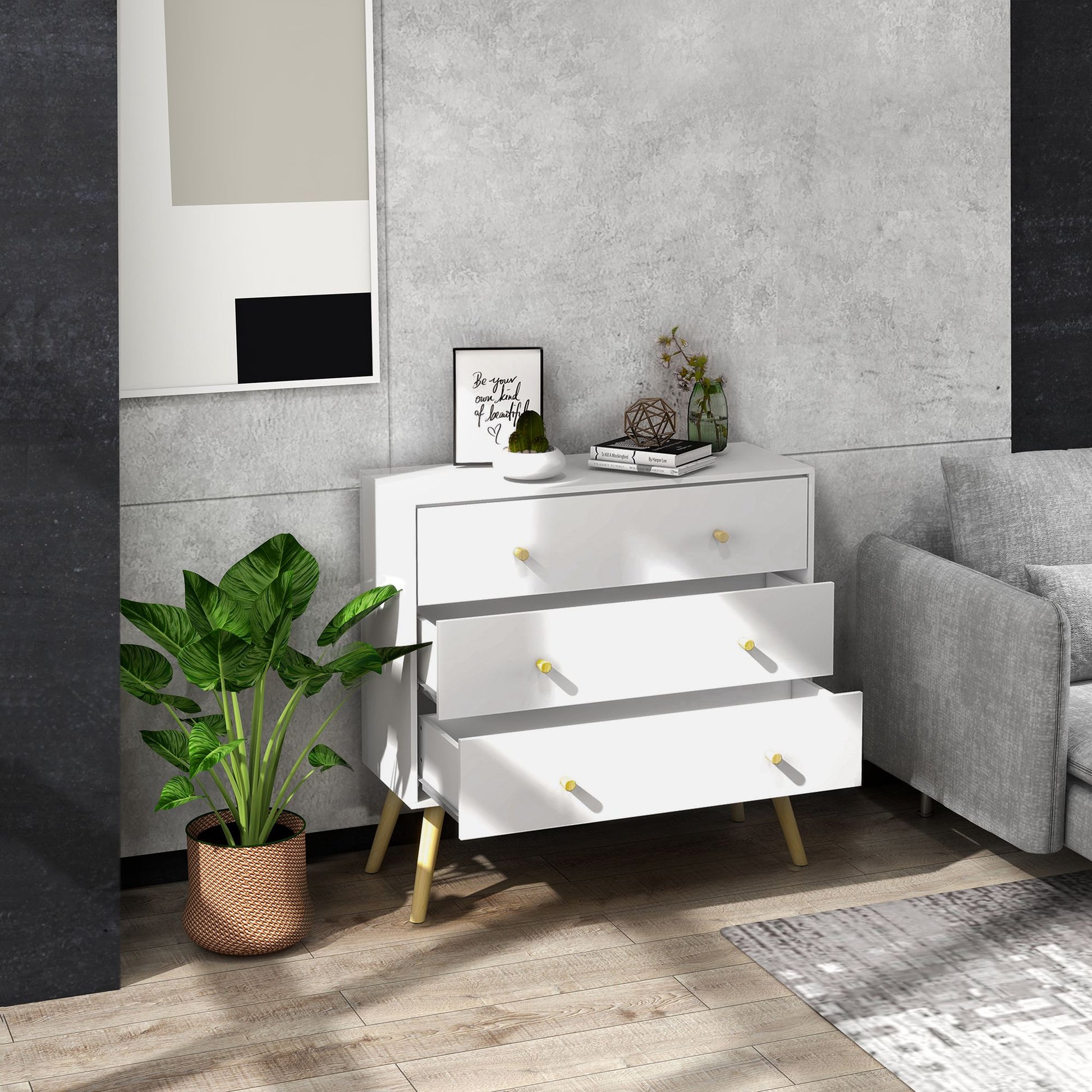 White Dresser for Bedroom with 3 Drawers, Morden Chest of Drawers with Solid Wood Legs and Handles, Storage Organizer fo