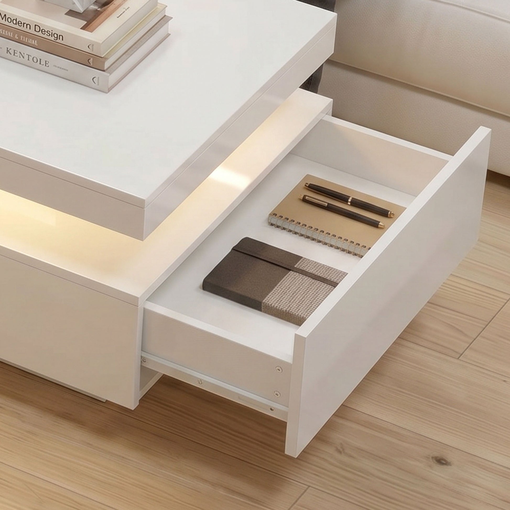 LED Coffee Table with Storage, 2-Tier Modern Center Table with 2 Drawers for Living Room, High Gloss White
