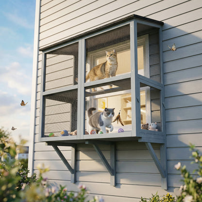 Catio Outdoor Cat Enclosure Wall-Mounted 2-Level Outdoor Cat House with Waterproof Roof 39.4" Grey