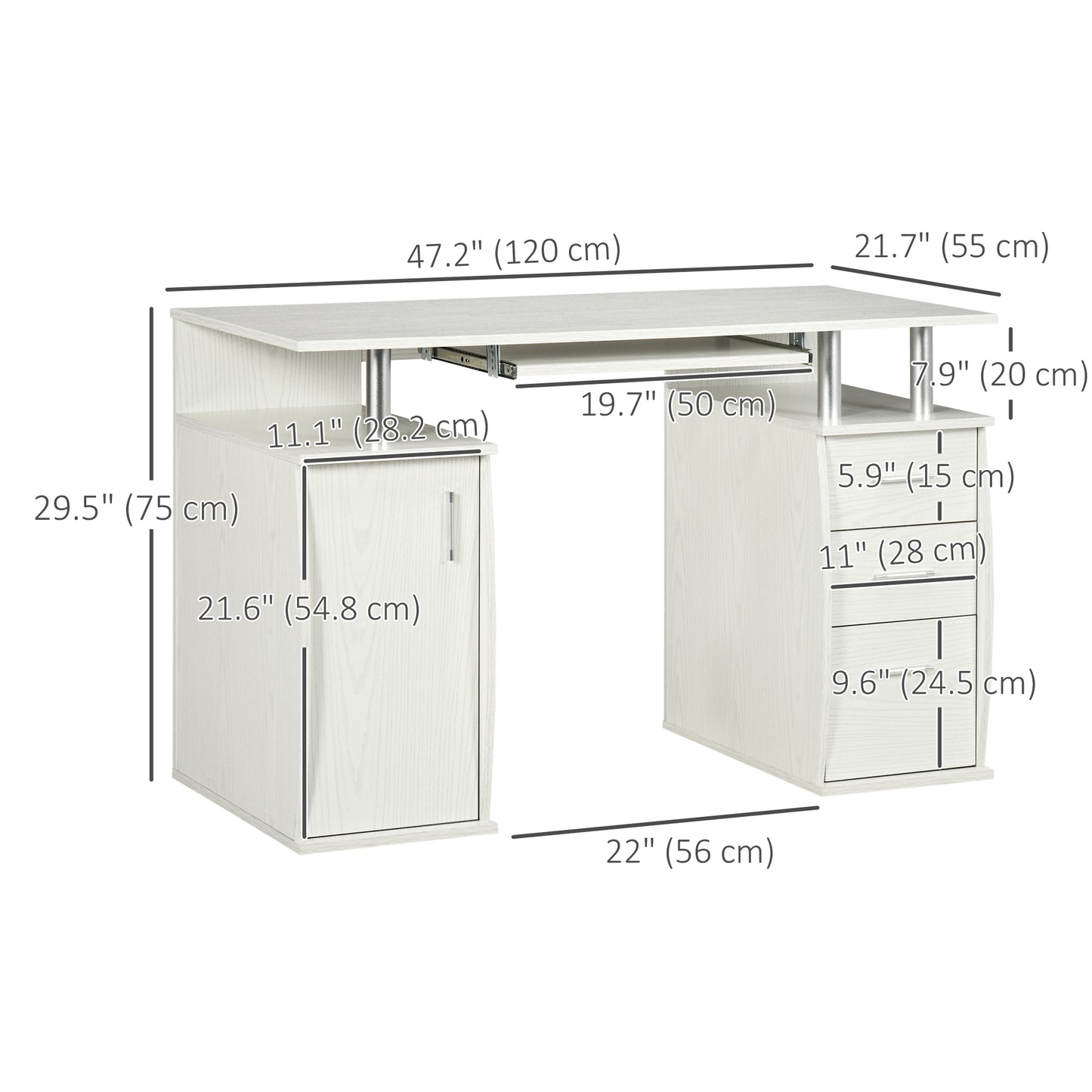 47" Computer Desk with Keyboard Tray and Storage Drawers, Home Office Workstation Table with Storage Shelves, White