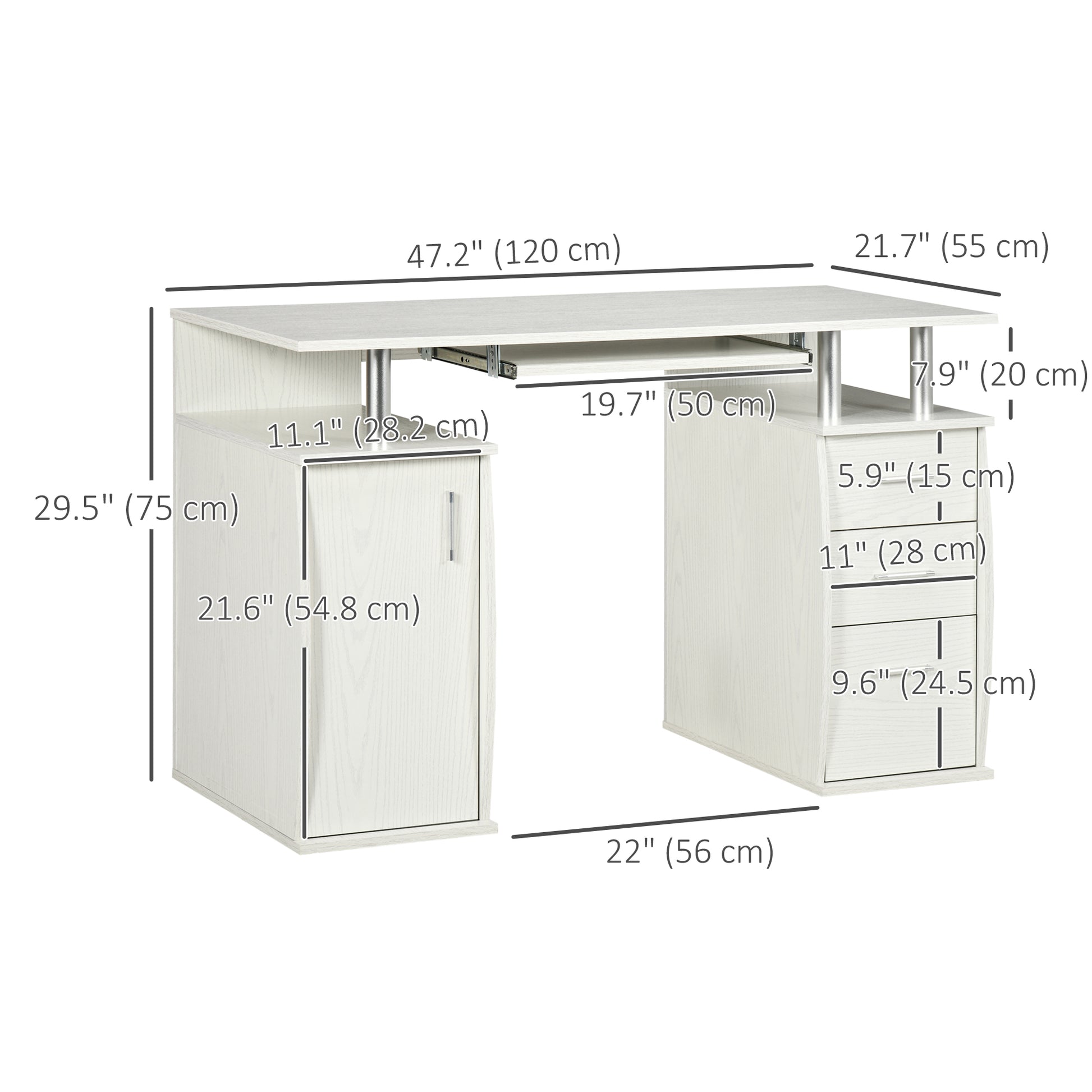47" Computer Desk with Keyboard Tray and Storage Drawers, Home Office Workstation Table with Storage Shelves, White