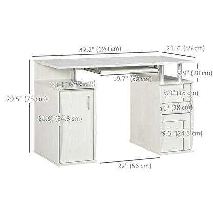 47" Computer Desk with Keyboard Tray and Storage Drawers, Home Office Workstation Table with Storage Shelves, White