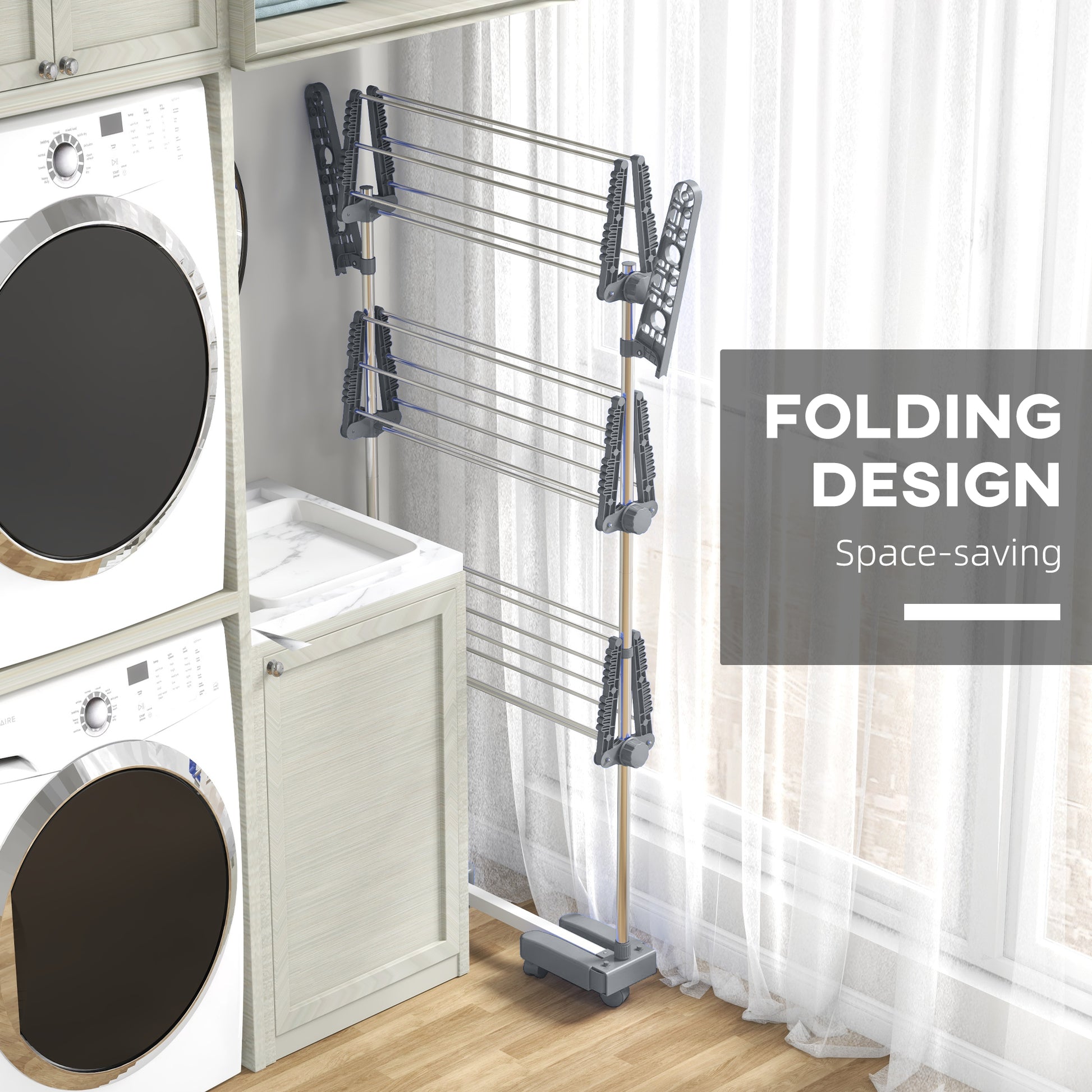 3-Tier Foldable Clothes Drying Rack, Stainless Steel Laundry Rack with 2 Side Wings and 6 Castors, Collapsible Adjustabl