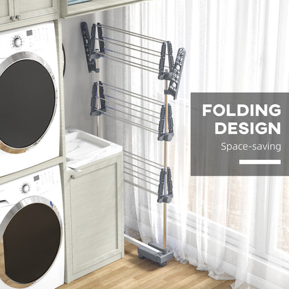 3-Tier Foldable Clothes Drying Rack, Stainless Steel Laundry Rack with 2 Side Wings and 6 Castors, Collapsible Adjustabl