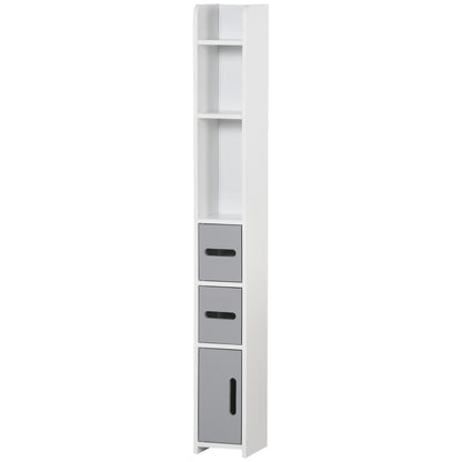 Freestanding Tall Bathroom Cabinet, Narrow Bathroom Storage Cabinet with Shelves and Cupboards, Grey and White