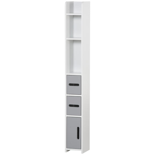 Freestanding Tall Bathroom Cabinet, Narrow Bathroom Storage Cabinet with Shelves and Cupboards, Grey and White
