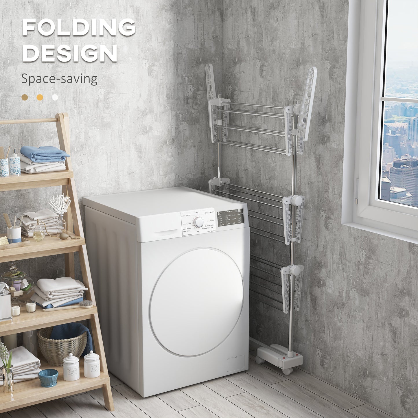 3-Tier Foldable Clothes Drying Rack, Stainless Steel Laundry Rack with 2 Side Wings and 6 Castors, Collapsible Adjustabl
