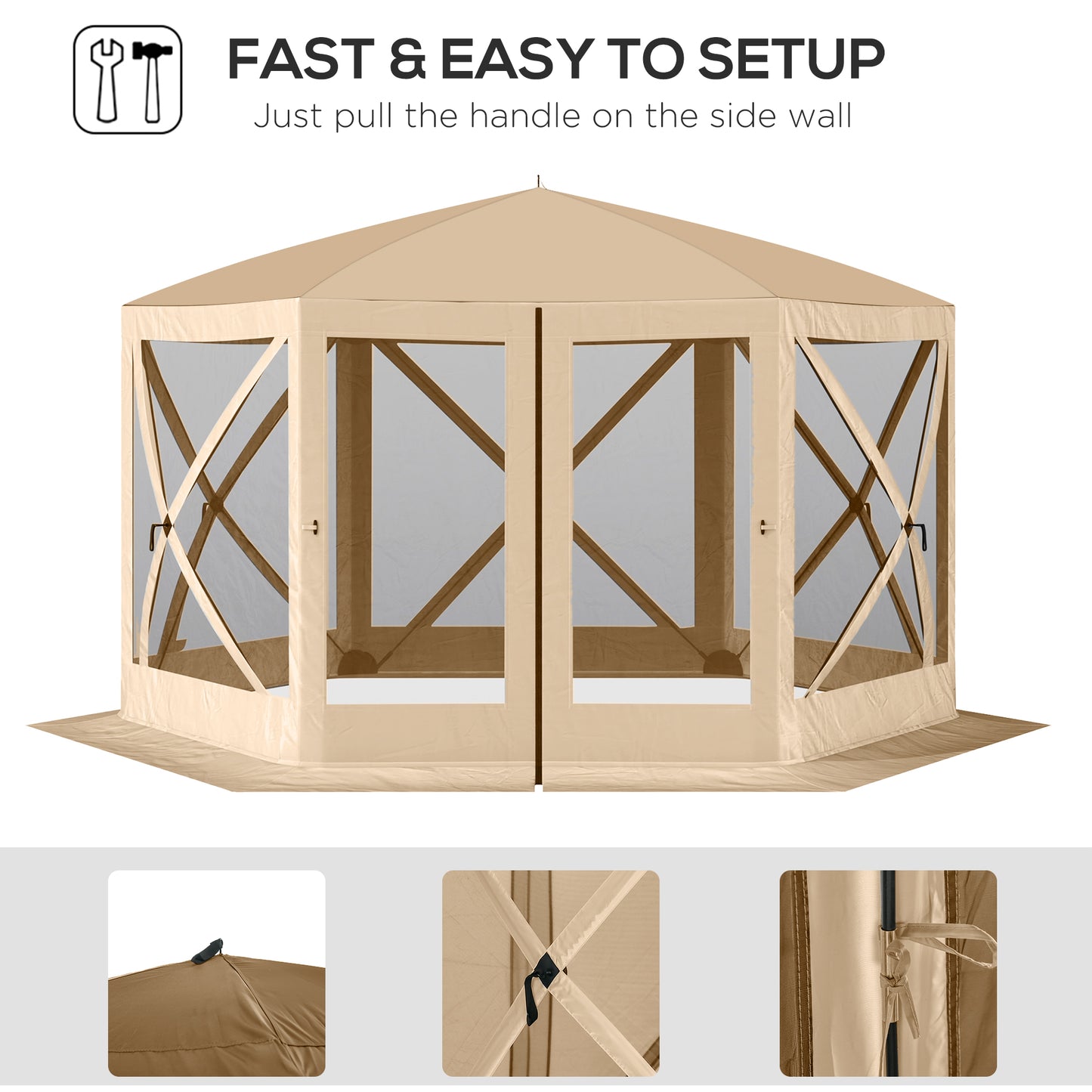 12' x 12' Hexagon Automatic Pop Up Screen Tents Camping Shelter Picnic Canopy Outdoor Sun Shade w/ Mesh Sidewalls and Ca