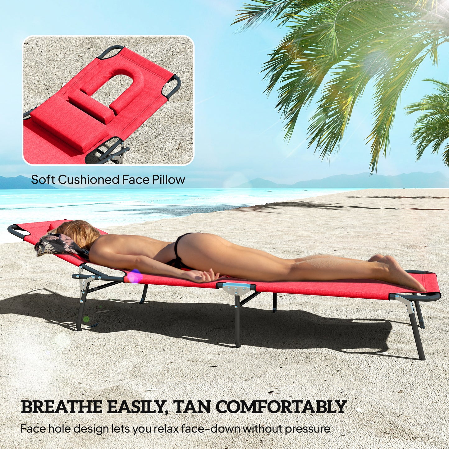 Folding Chaise Lounge Chair, Reclining Beach Tanning Chair with Face Hole, Pillow, 4-Position Adjustable Lay Flat Sun Lo