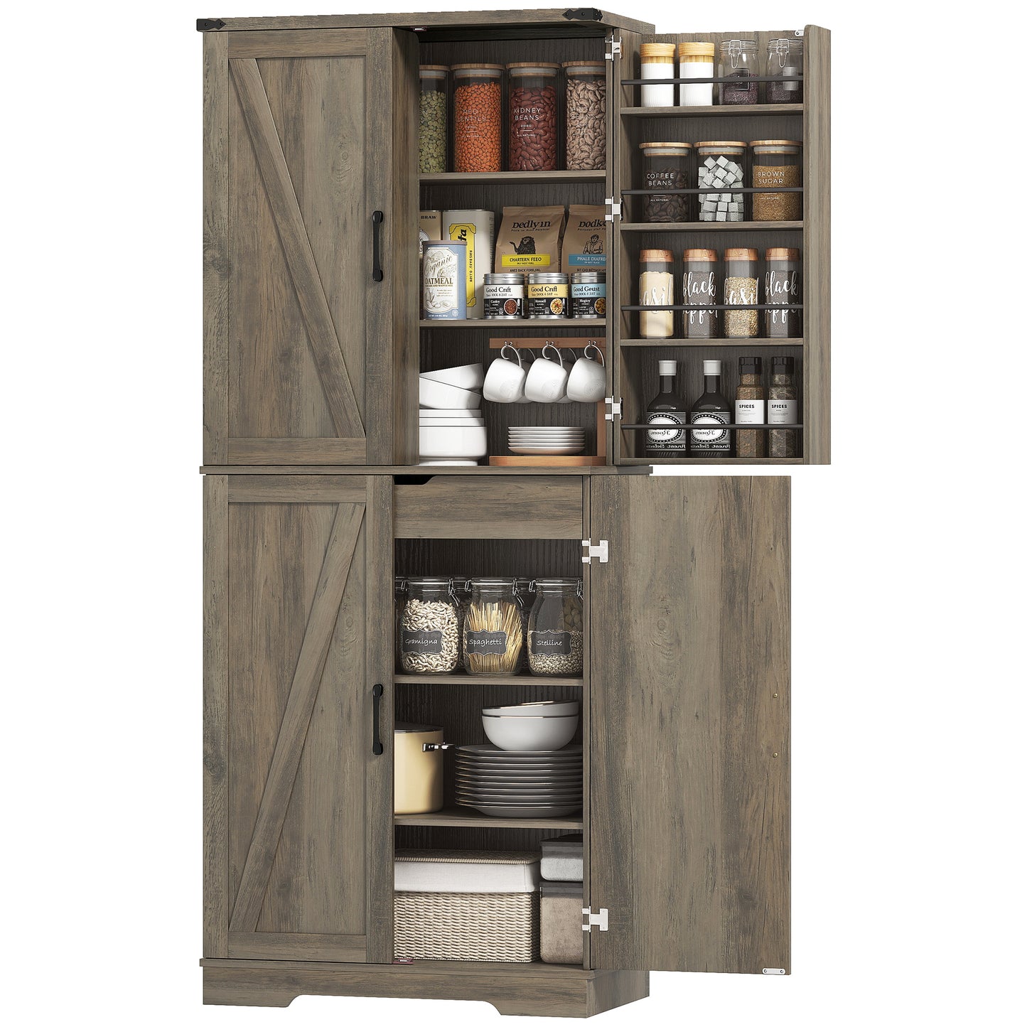 72" Kitchen Pantry Cabinet, Farmhouse Storage Cabinet with 4 Doors, Drawer, 8 Door Shelves and Adjustable Shelf, Grey