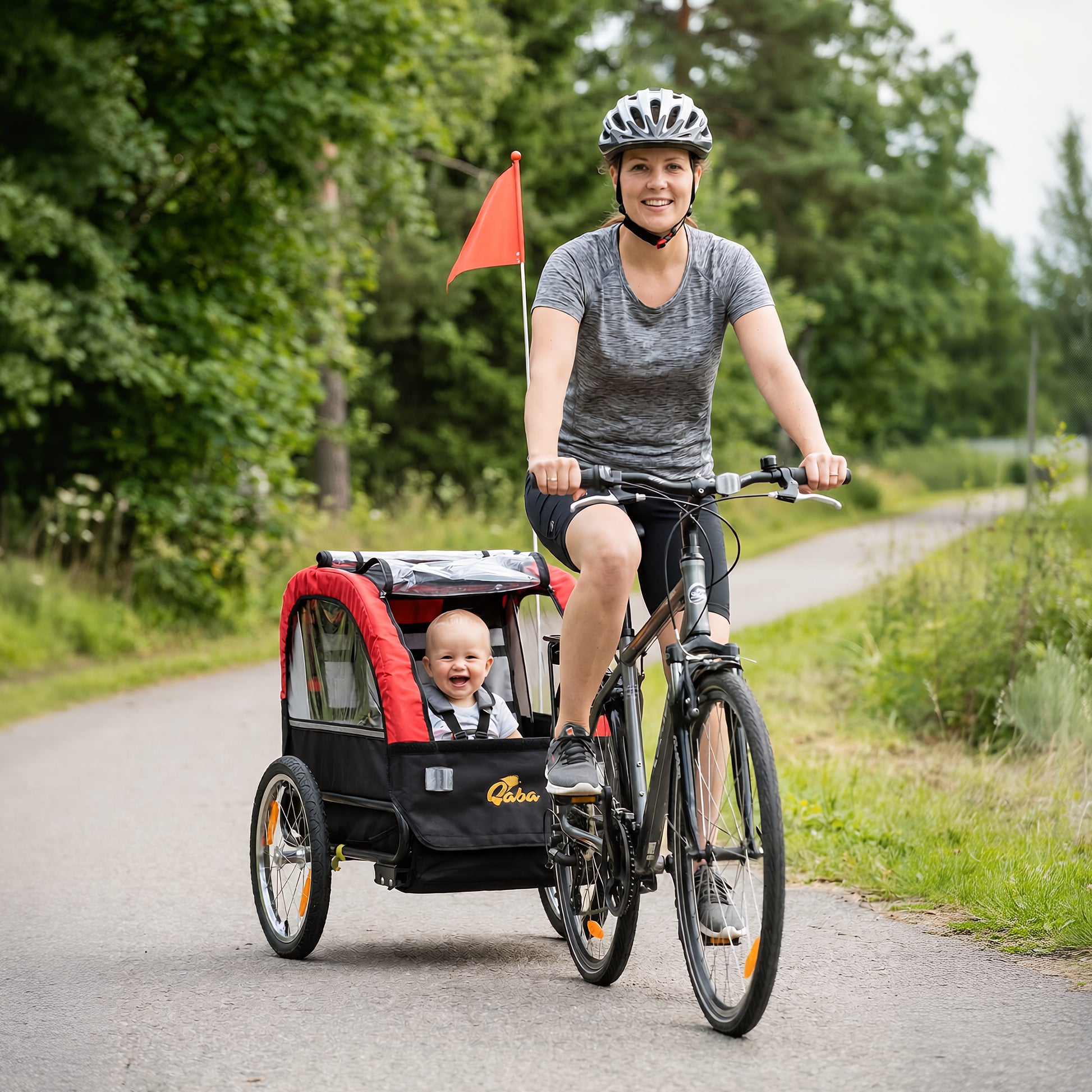 Qaba Bike Trailer for Kids, Baby Bicycle Trailer with 5-Point Harness, 16" Rubber Wheels, Storage Bag, for 18+ Months, R