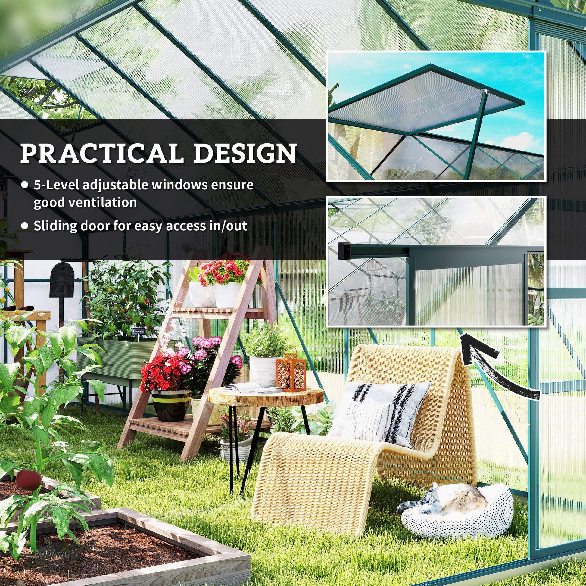 16' x 8' Aluminum Polycarbonate Greenhouse Walk-in Garden Greenhouse Kit with Adjustable Roof Vent, Rain Gutter and Slid