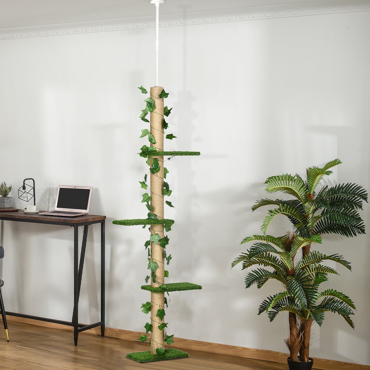 4-Tier Floor to Ceiling Cat Tree, Height(80-95Inches)Adjustable, Tall Cat Tower w/ Anti-Slip Kit, Leaves, Multi-Layer Ac