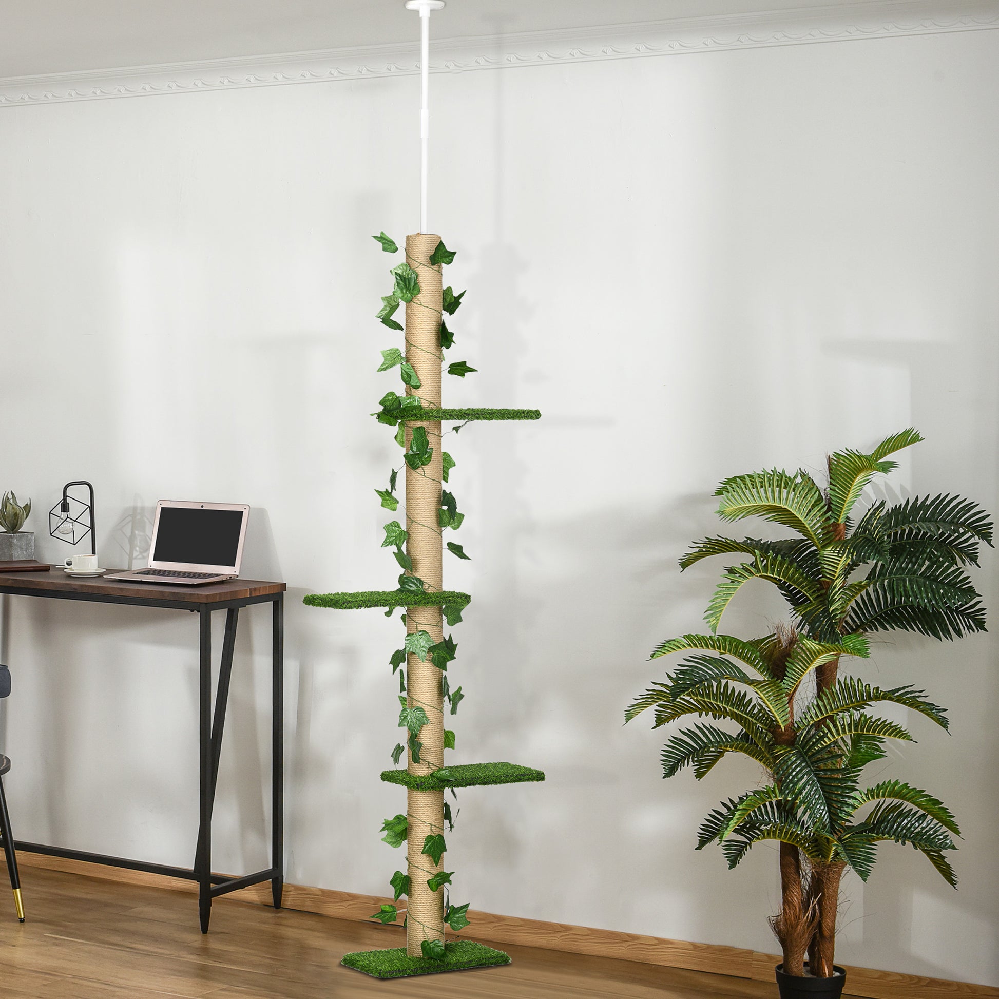 4-Tier Floor to Ceiling Cat Tree, Height(80-95Inches)Adjustable, Tall Cat Tower w/ Anti-Slip Kit, Leaves, Multi-Layer Ac