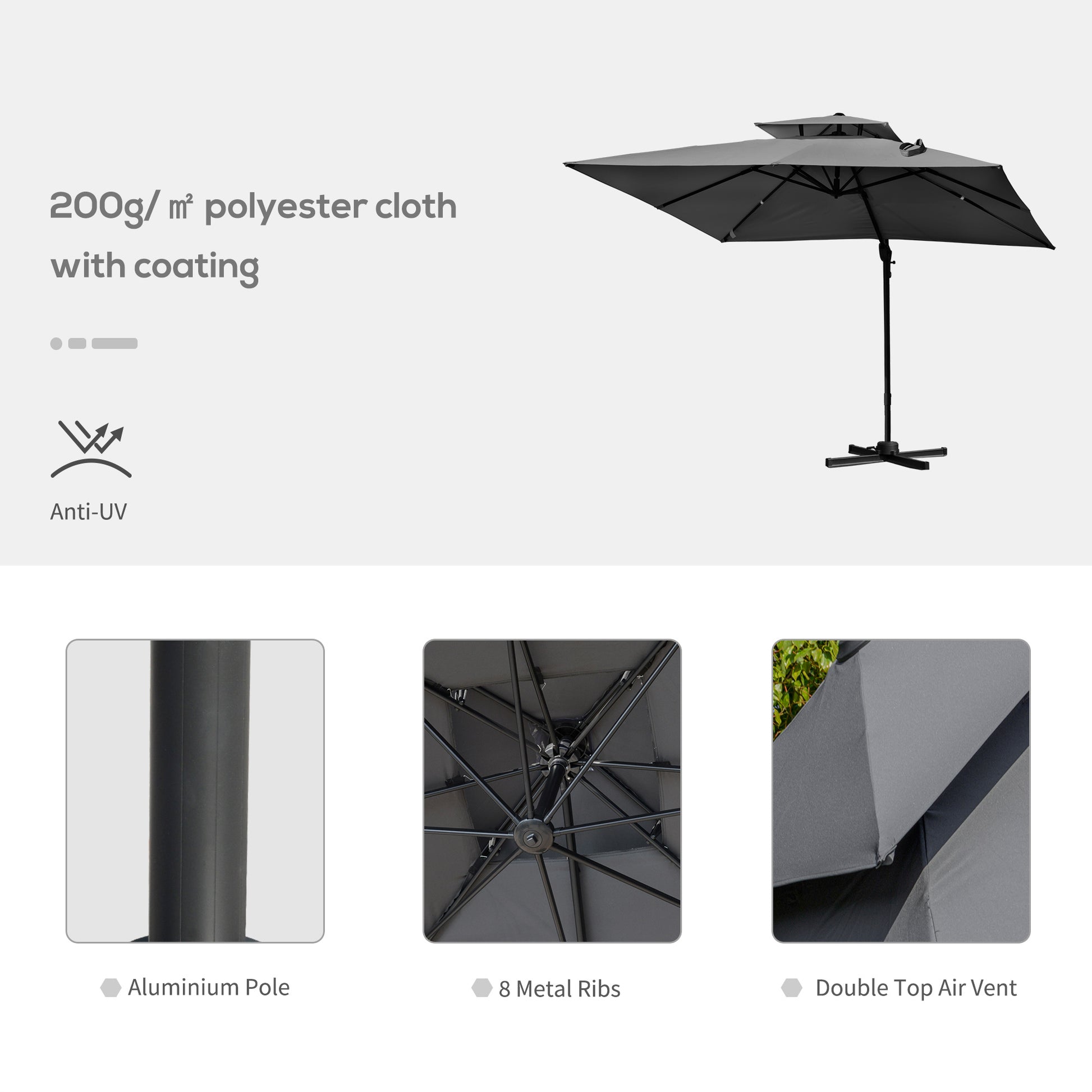 10' x 10' Cantilever Patio Umbrella, Double Top Square Offset Umbrella with 360° Rotation, 5 Adjustable Tilt Angles, Umb
