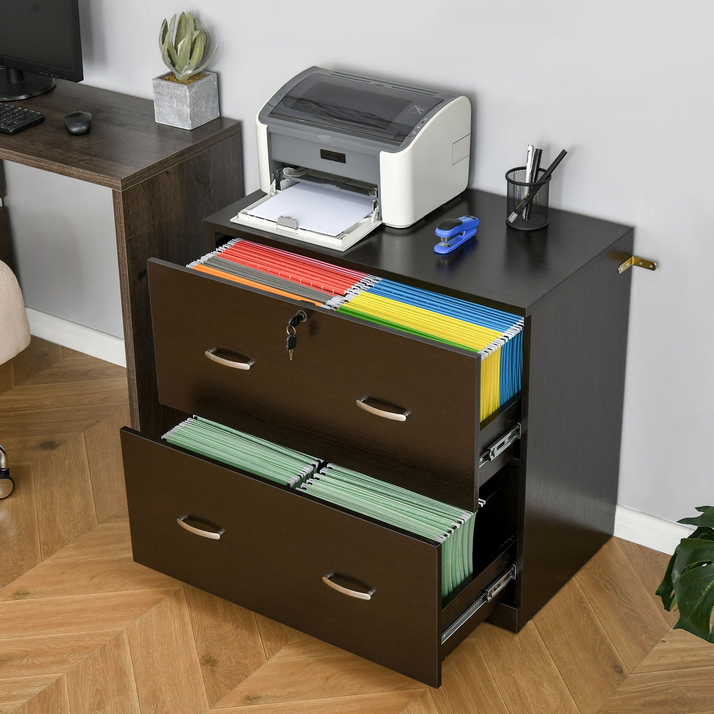 2 Drawer File Cabinet with Lock, Office Filing Cabinet, Hanging Bar for Letter Size, Home Office, Espresso