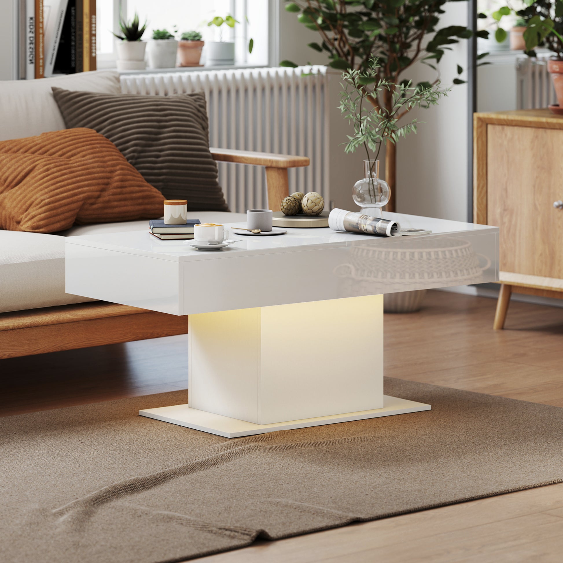 Extendable Coffee Table with LED Lights, Modern High Gloss Center Table with Hidden Storage for Living Room, White