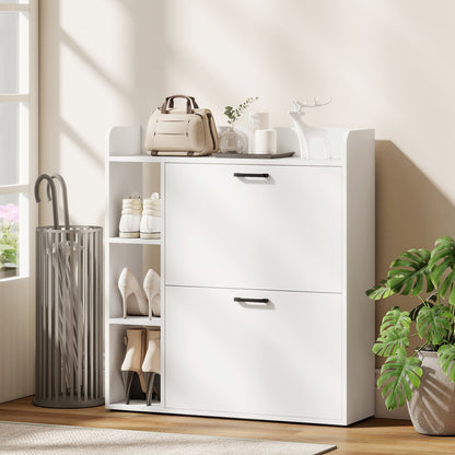 Shoe Cabinet with 2 Flip Drawers, 3 Side Compartments, Adjustable Shelves, 8-12 Pairs for Entryway Hallway, White