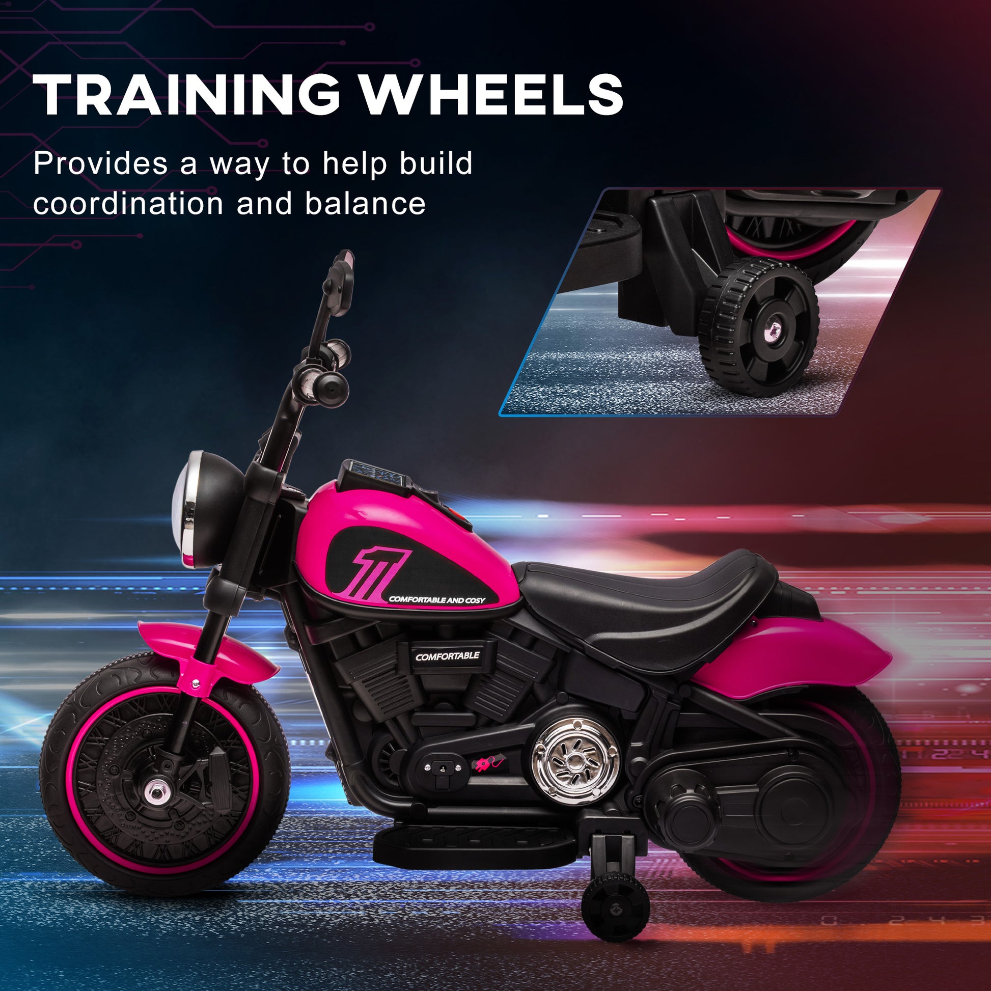 VarietyKart 6V Kids Motorcycle with Training Wheels, Foot Pedal, Headlight, Music, Forward/Reverse, Single-Button Start,