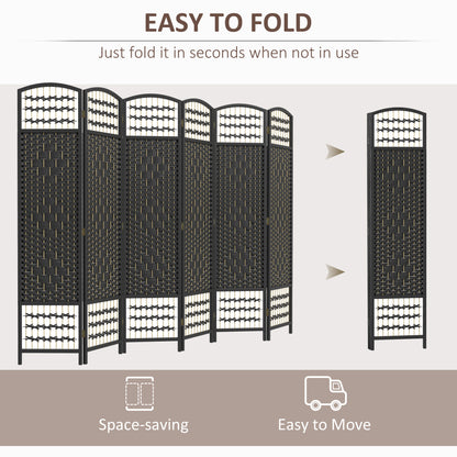 6 Panel Folding Room Divider, Portable Privacy Screen, Wave Fiber Room Partition for Home Office, Black