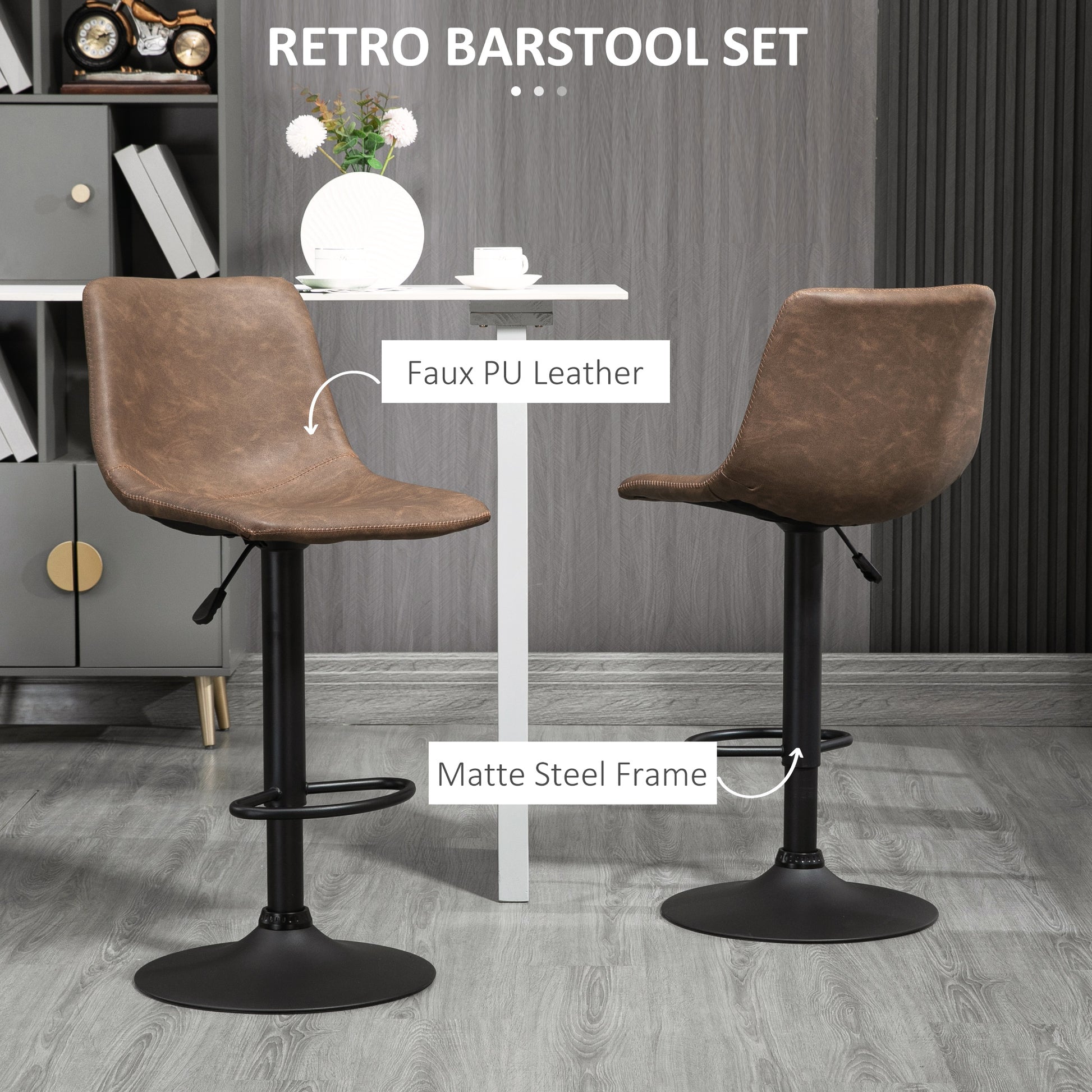 Adjustable Counter Height Bar Stools Set of 2, 360° Swivel Kitchen Counter Stools Dining Chairs with Backs, Vintage Leat