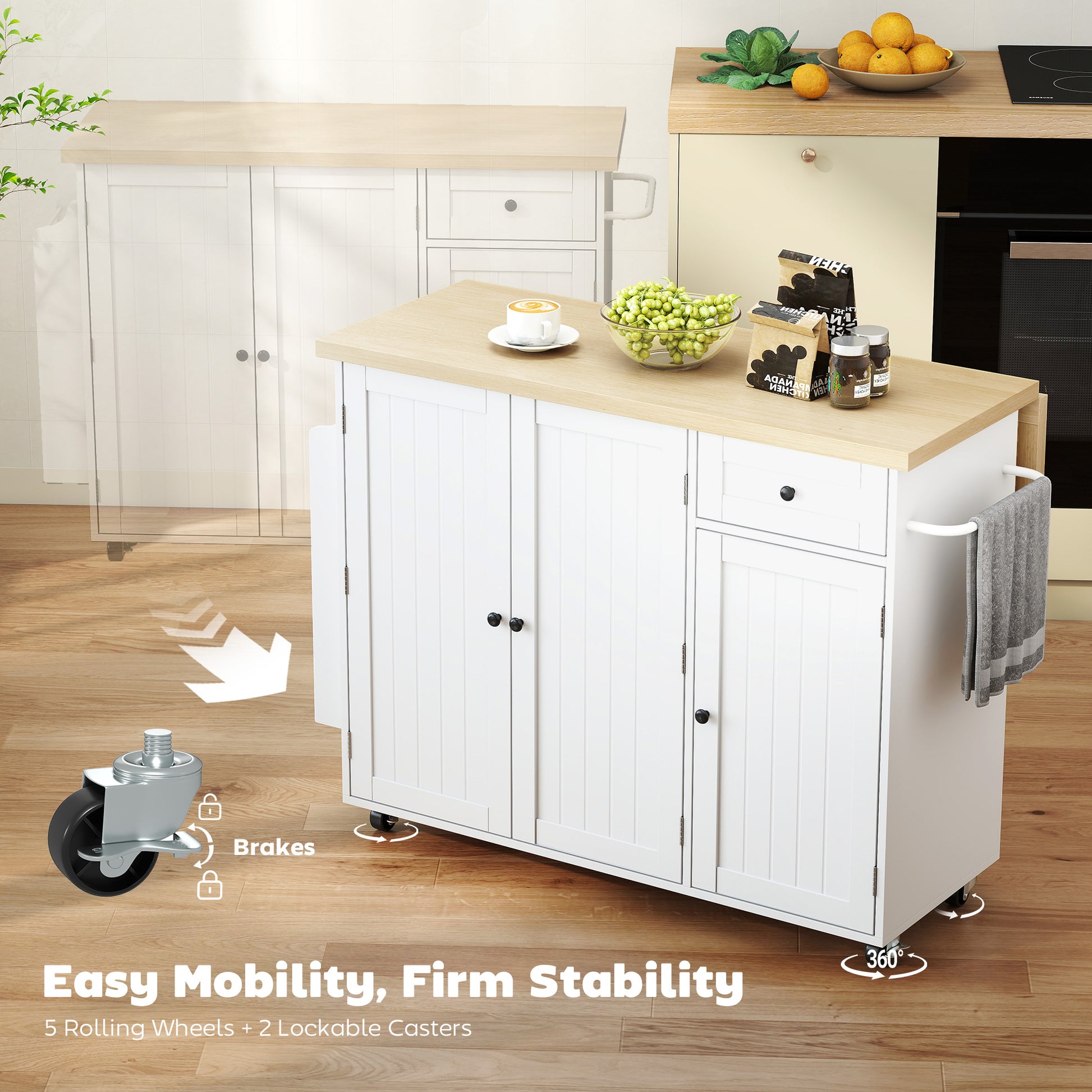 Kitchen Island Cart, Rolling Kitchen Island Table with Drop Leaf, Drawer, Spice and Towel Rack, White
