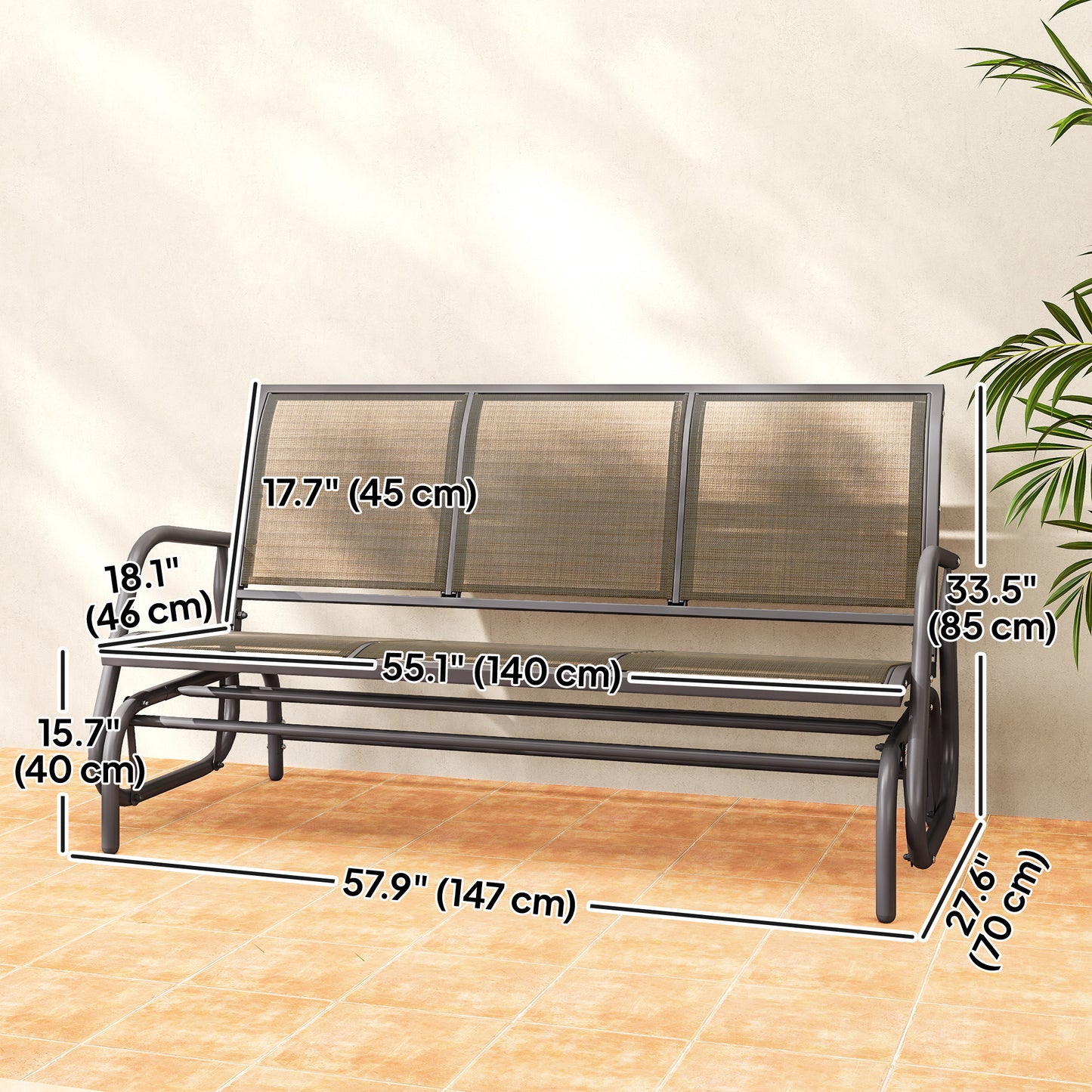 3-Seat Outdoor Glider Chair, Patio Rocking Chair, Steel Frame, Sling Fabric Seat for Garden, Backyard, Lawn, Brown