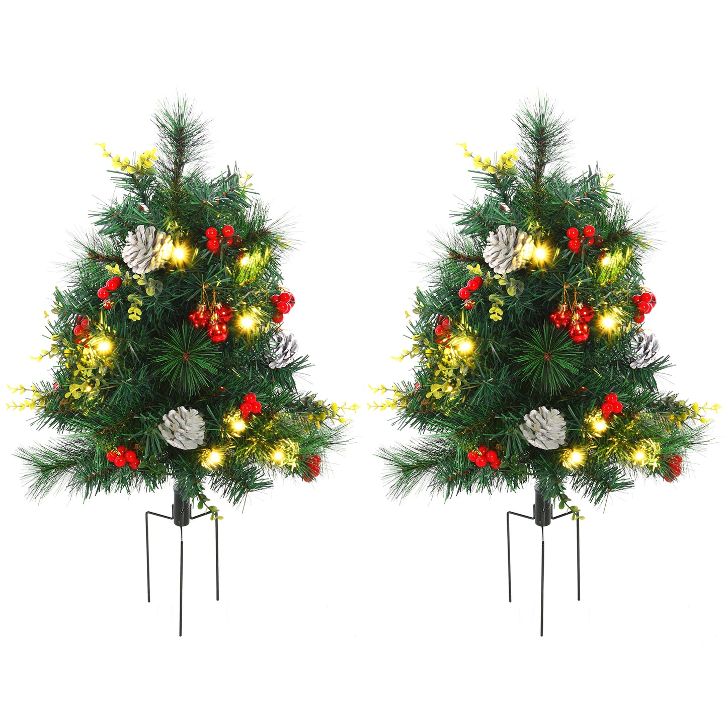 2.5ft 2 Pieces Prelit Artificial Christmas Tree with LED Light Mini Xmas Tree with Small Berry Pine Needles Pinecones De